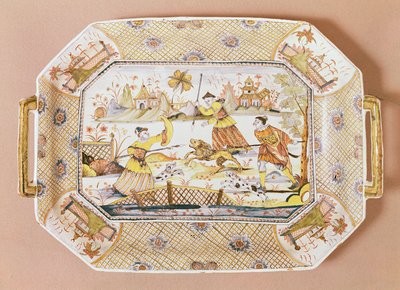 Octagonal dish with a chinese pattern of a lion hunt by Guillibaud